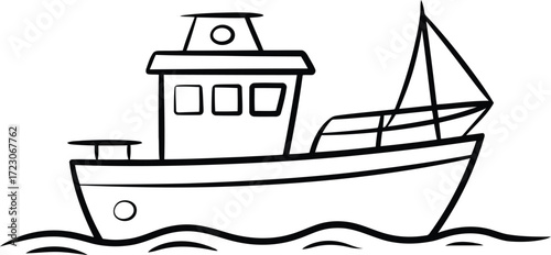 Simple hand drawn black and white illustration of a fishing boat