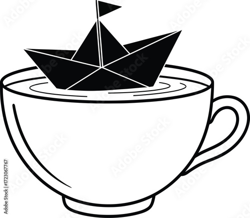 Whimsical paper boat floats serenely in a teacup on a calm day.
