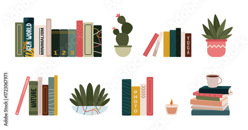 Hand drawn flat design book clutter plants