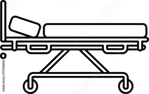 Simple line drawing of a hospital bed on wheels with adjustable headrest