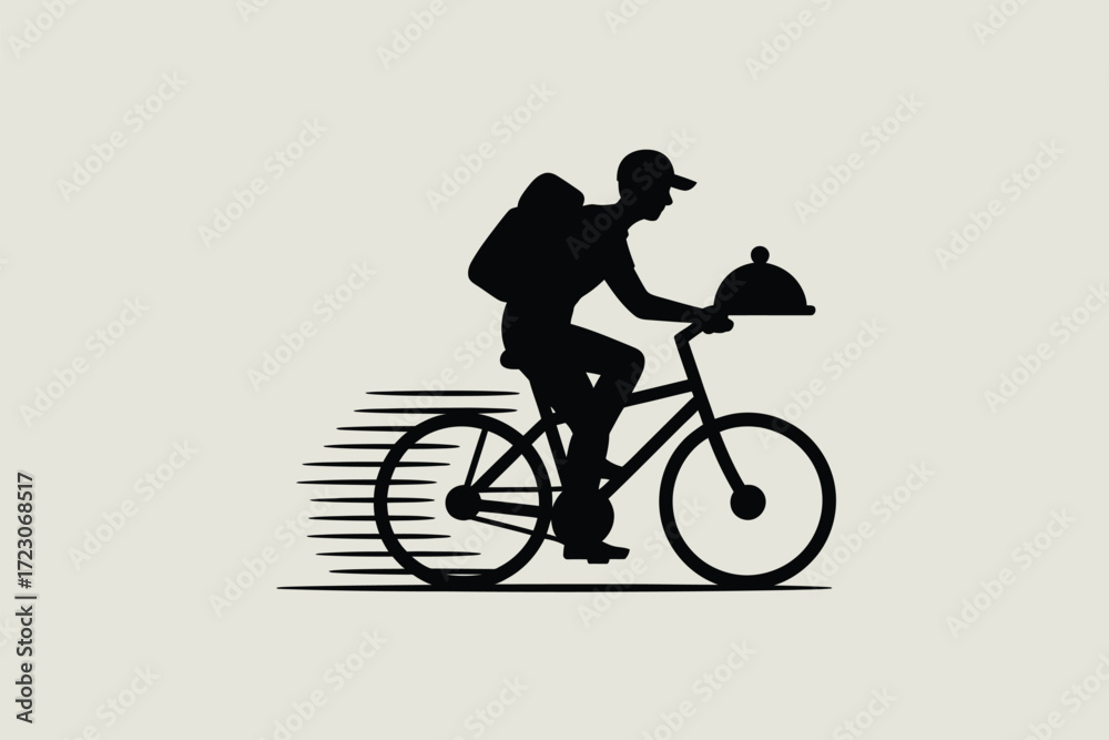 Fototapeta premium Silhouette of a food delivery person riding a bicycle with a covered dish