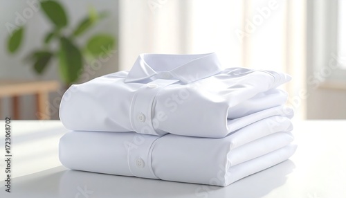 Clean, folded white shirts on table