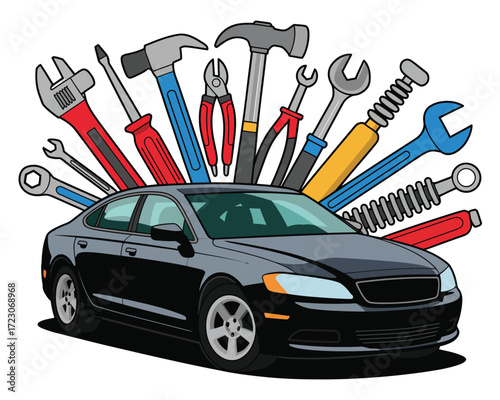 Car repair and maintenance tools surrounding a black sedan
