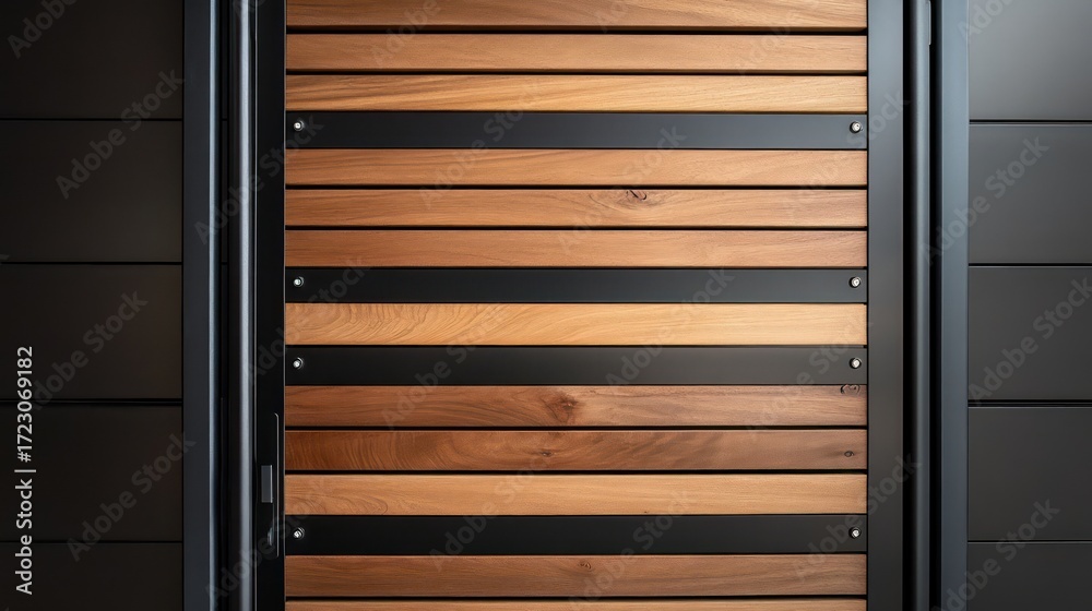 Fototapeta premium Modern wood and metal gate featuring horizontal slats and a sleek black steel frame