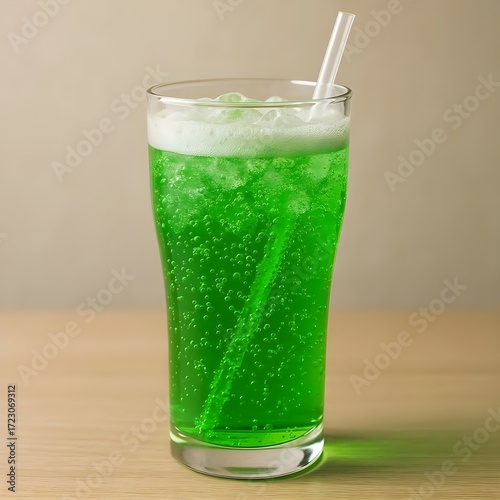 Refreshing Green Melon Cream Soda, a Classic Japanese Cafe Drink with a Vibrant Green Color and Bubbles