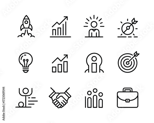 Collection of business and startup icons in a hand drawn line art style