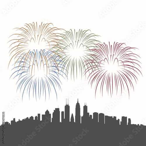 Colorful fireworks exploding over city skyline silhouette