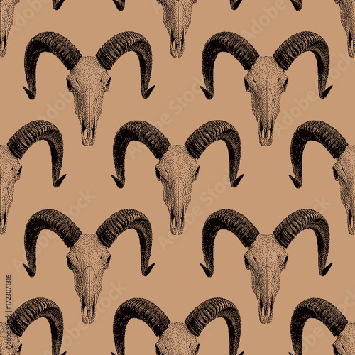 Seamless pattern with ram skulls and large curved horns in pixel style. Suitable for textiles, wallpapers, clothing prints, and gothic western design projects.