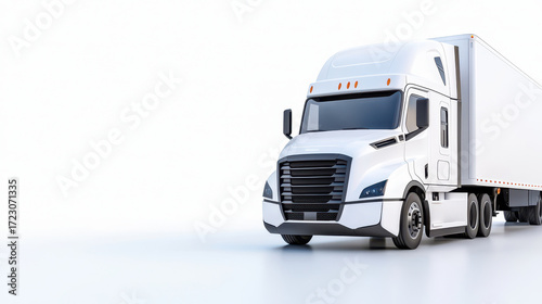 Modern white semi truck with trailer, showcasing minimalist design and sleek lines, ideal for transportation and logistics