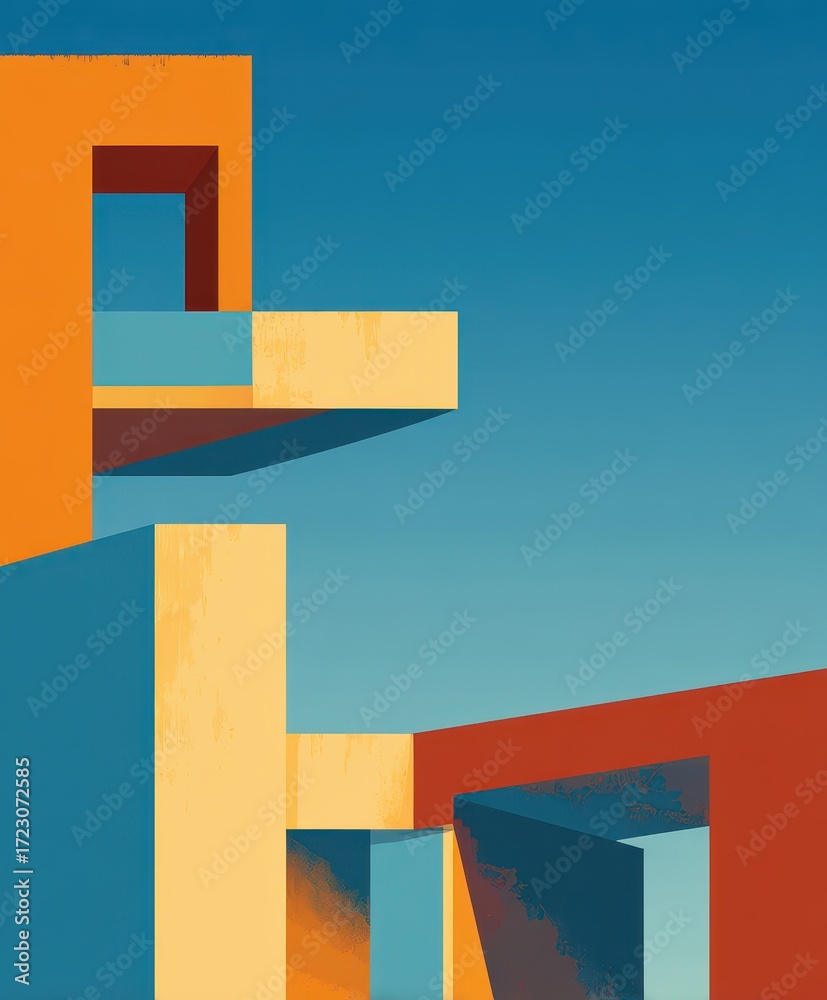 Fototapeta premium Abstract Architectural Geometry: A striking composition of abstract architectural elements in bold geometric shapes and vibrant colors, set against a clear blue sky.