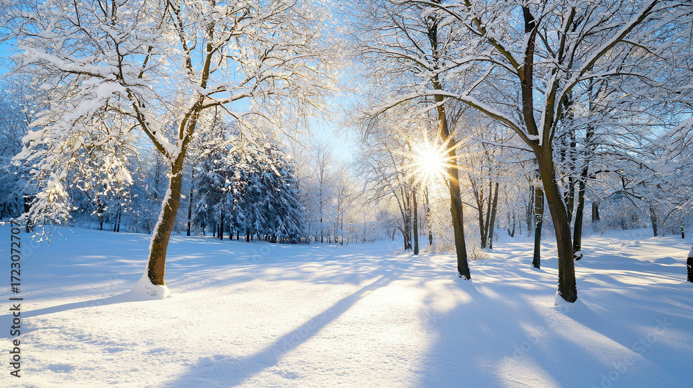 Obraz premium Serene winter landscape featuring snow covered trees and sunlight filtering through branches, creating peaceful atmosphere