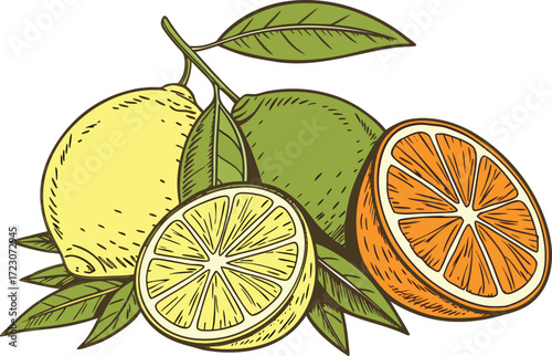 Vibrant citrus fruit vector illustration with lemons limes and orange slice scalable eps