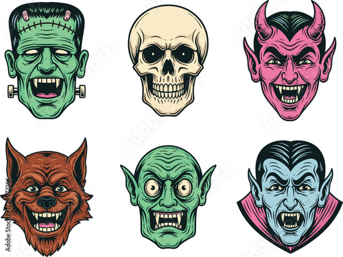 Six classic horror character heads including Frankenstein, skull, devil, werewolf, goblin, and vampire Halloween vector illustration isolated on white background