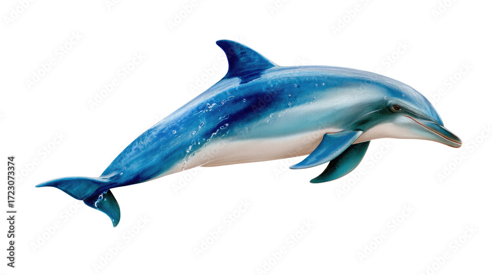 Fototapeta premium Ocean's Grace: A mesmerizing dolphin, its sleek body shimmering with iridescent hues, glides effortlessly through the depths of the ocean. A celebration of the ocean's enchanting marine life.