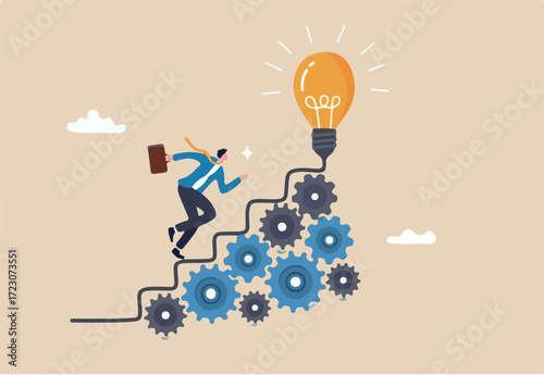 Best practices development, strategy to success or improvement, planning, progress or implementation process, efficiency or productivity concept, businessman running up stair on cogwheel gears system