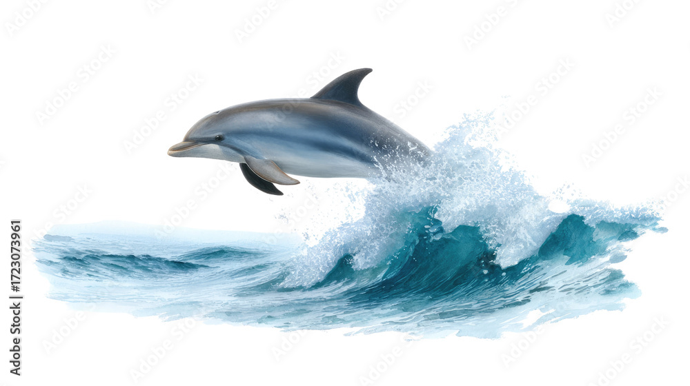 Naklejka premium Oceanic Acrobatics: A graceful dolphin leaps playfully from a cresting wave, its sleek form contrasting beautifully against the turquoise water, embodying the pure joy of the sea.