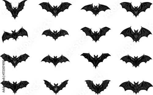 Sixteen unique bat silhouette vector designs with spooky wings and fangs for Halloween decoration, gothic art, nocturnal animal themes, seasonal projects