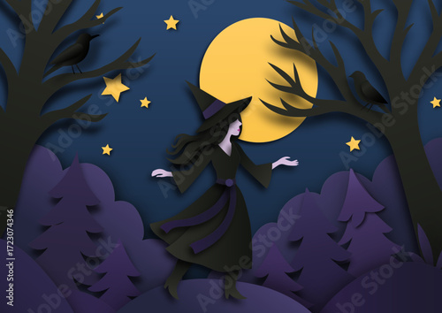 Witch Walking in a Moonlit Forest — Paper-Cut Halloween Scene with Full Moon, Dark Trees and Crows
