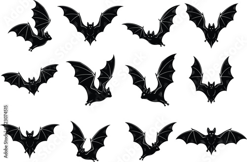Set of twelve black bat silhouettes in various flying and resting poses isolated on white background for Halloween gothic design