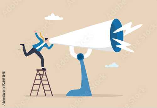 Amplify megaphone, communication voice or advertising message, important announcement loud shouting, broadcast word, message or information concept, businessman shouting on big amplifier megaphone