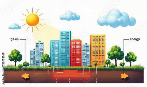 Urban cross-section showing solar gains and ground-source thermal exchange beneath buildings - illustration of subsurface heat storage, geothermal loops and urban renewable energy systems.