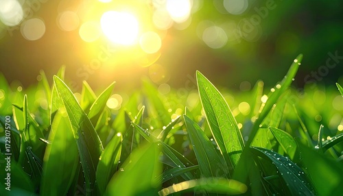Lush Green Grass with Sunlit Bokeh Background in a Nature Photography Style Enhanced with Vibrant Colors and Sharp Focus for Stock
