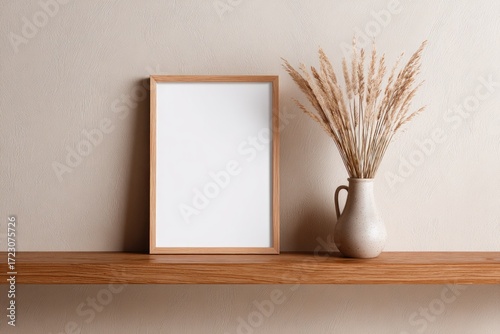 Empty frame on wooden shelf, neutral tones