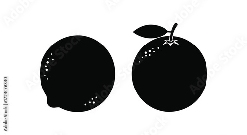 Two citrus fruits with dotted textures presented as a dark silhouette