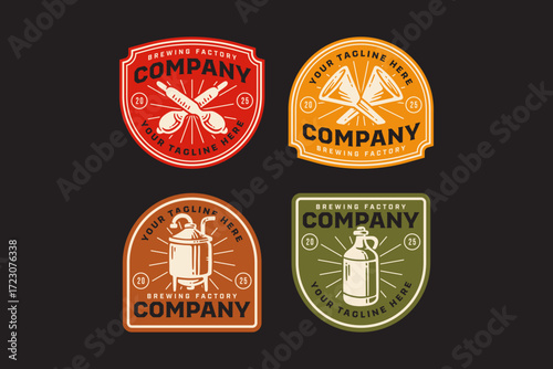brewing hydrometer, funnel crossed, brew kettle, distillation column retro badge logo design collection for brewery factory industry, pub, bar, drinker lifestyle company business. vector illustration