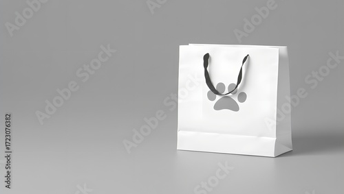 White pet store shopping bag with paw print logo retail merchandise product packaging design mockup