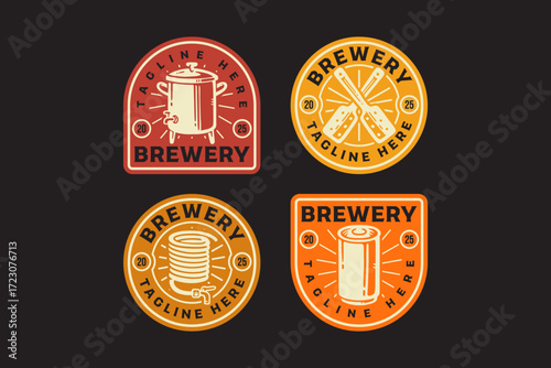 mash tun, brewery pot, stirring paddle, wort chiller coil, canned beer retro badge logo design collection for brewing factory industry, drinker lifestyle, pub, bar, business. vector illustration