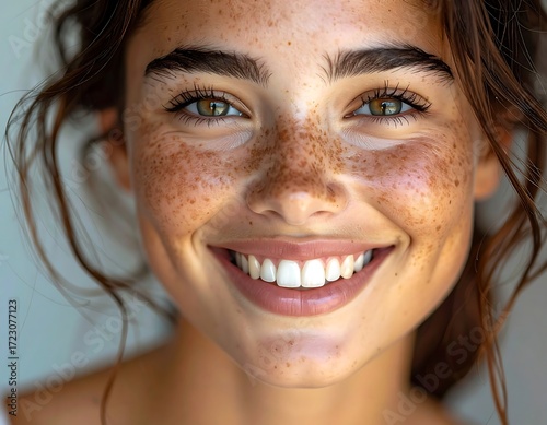 Cheerful Portrait of a Young Woman with Freckles Smiling
