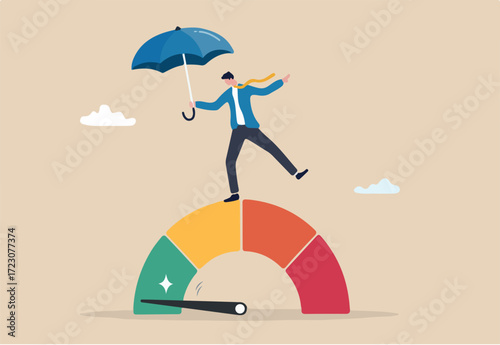Risk mitigation, identify threat and control or prevent potential impact, reduce chance of failure, uncertainty, evaluate safety level, businessman with protection umbrella on risk gauge measuring