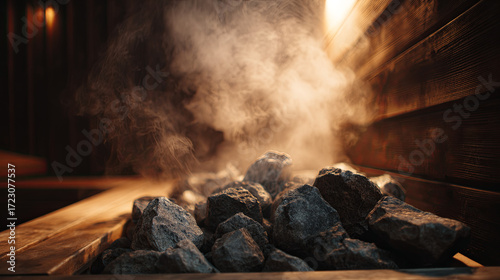 Warm golden light highlighting heated stones generating steam inside rustic wooden sauna, producing relaxing wellness environment for rejuvenation