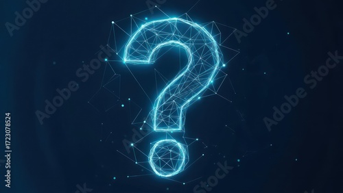 Illuminated digital question mark formed by glowing geometric network, symbolizing inquiry and modern innovation.