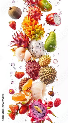 Mixed exotic fruits splash vertical