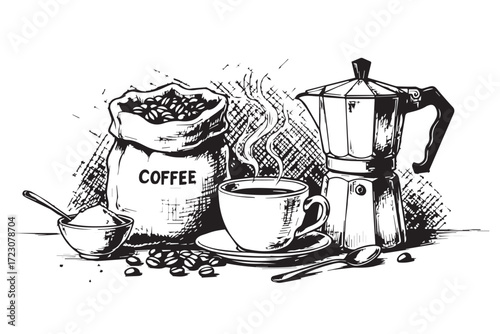 A black and white sketch of coffee beans, a bag of coffee, a cup, and a moka pot
