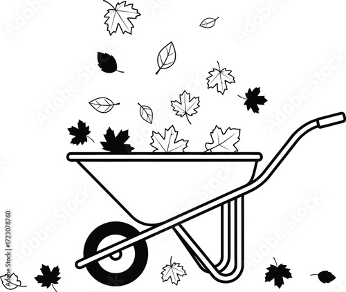 Autumn leaves falling into and around a simple wheelbarrow, symbolizing seasonal change and garden cleanup.