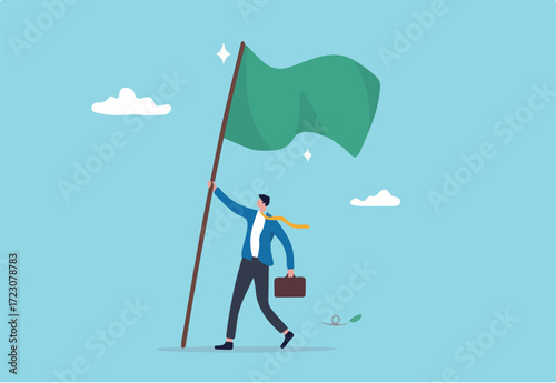 Business victory, mission accomplishment or success achievement, leadership or triumph to win competition, challenge concept, success businessman raising winning flag with triumph and proud