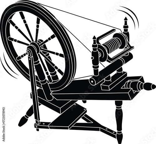 Vintage spinning wheel in silhouette, creating thread with motion