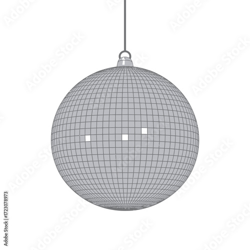 A single mirrored disco ball hanging from a thin string isolated on white