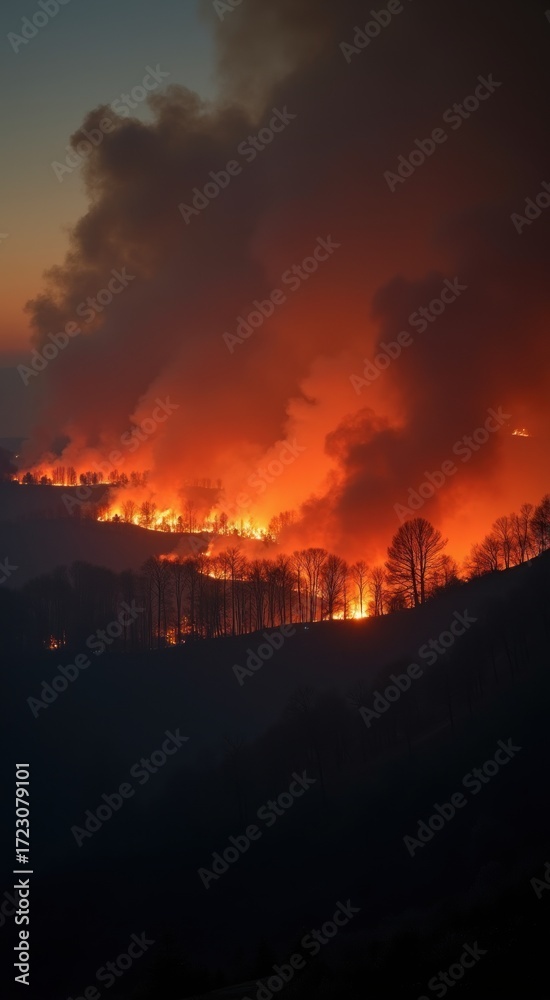 Obraz premium Flames are seen in the distance as the sun sets over a forest