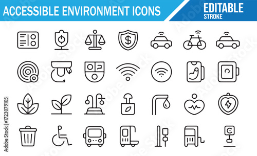 Accessibility Signage Icons – Restroom, Hearing, Crosswalk – Vector