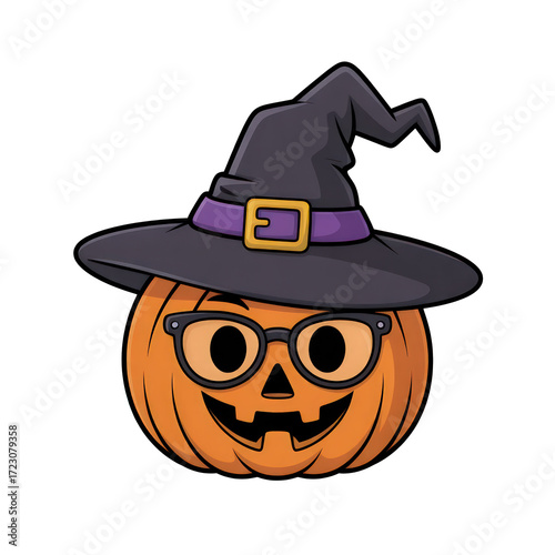Cartoon pumpkin wearing a witch hat and glasses on transparent background