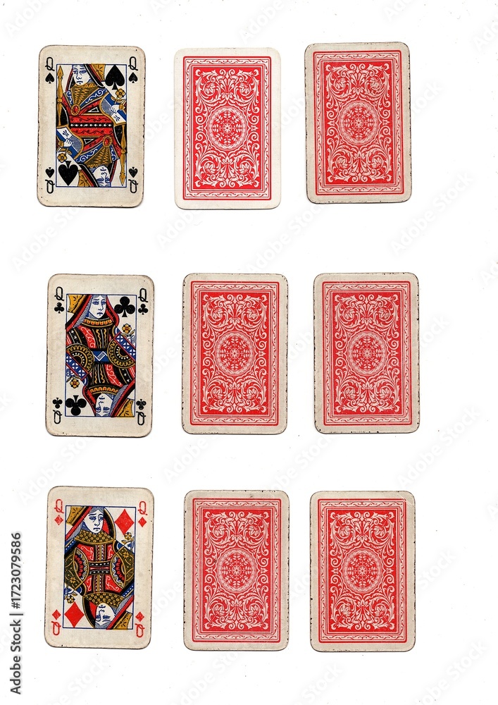 Fototapeta premium Three different hands of grubby vintage playing cards isolated on a white background.