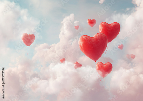 Ai heart-shaped balloons float among fluffy clouds on a bright day in a whimsical sky