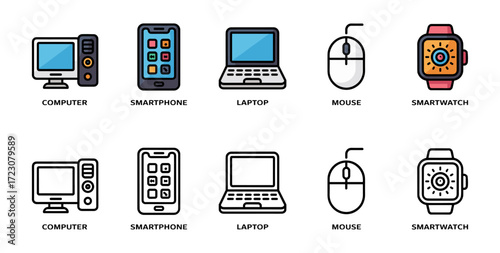 computing devices icon set with computer, smartphone, laptop, mouse and smartwatch symbols, vector illustrations for personal electronics and digital gadgets