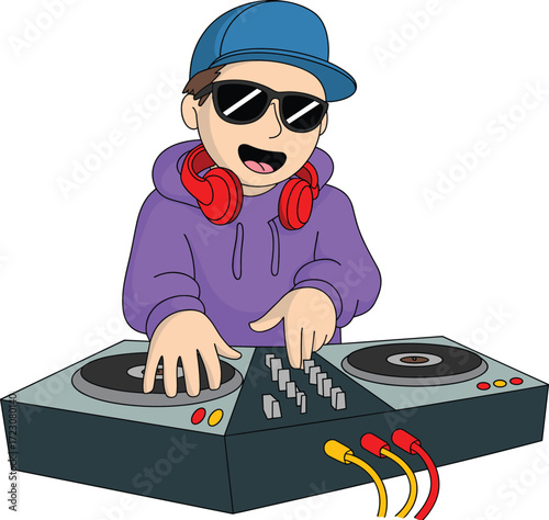 Cartoon DJ illustration, music mixing character, hip hop party artwork, turntable performance design, nightclub entertainment concept, electronic dance sound creativity