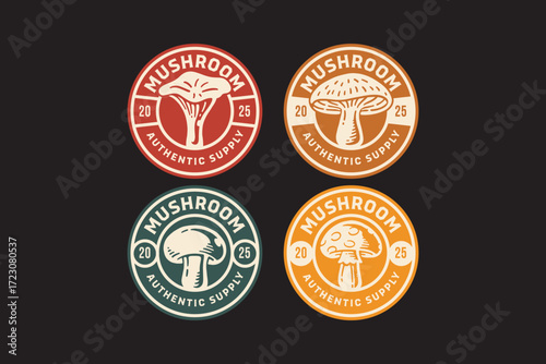 chanterelle mushroom, shiitake fungi, button mold, agaric fungus retro badge logo design collection for ingredients, gourmet, culinary, foraging, restaurant and food business. vector illustration