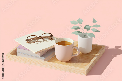 Autumn illustration with a cup of tea, books, and pumpkins on a tray in a minimalist flat style. 